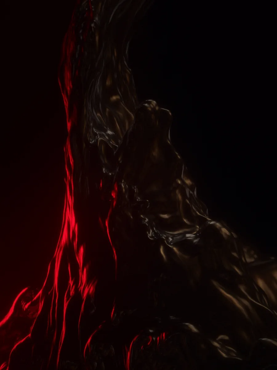 Molten chrome and bronze metal lit by crimson light